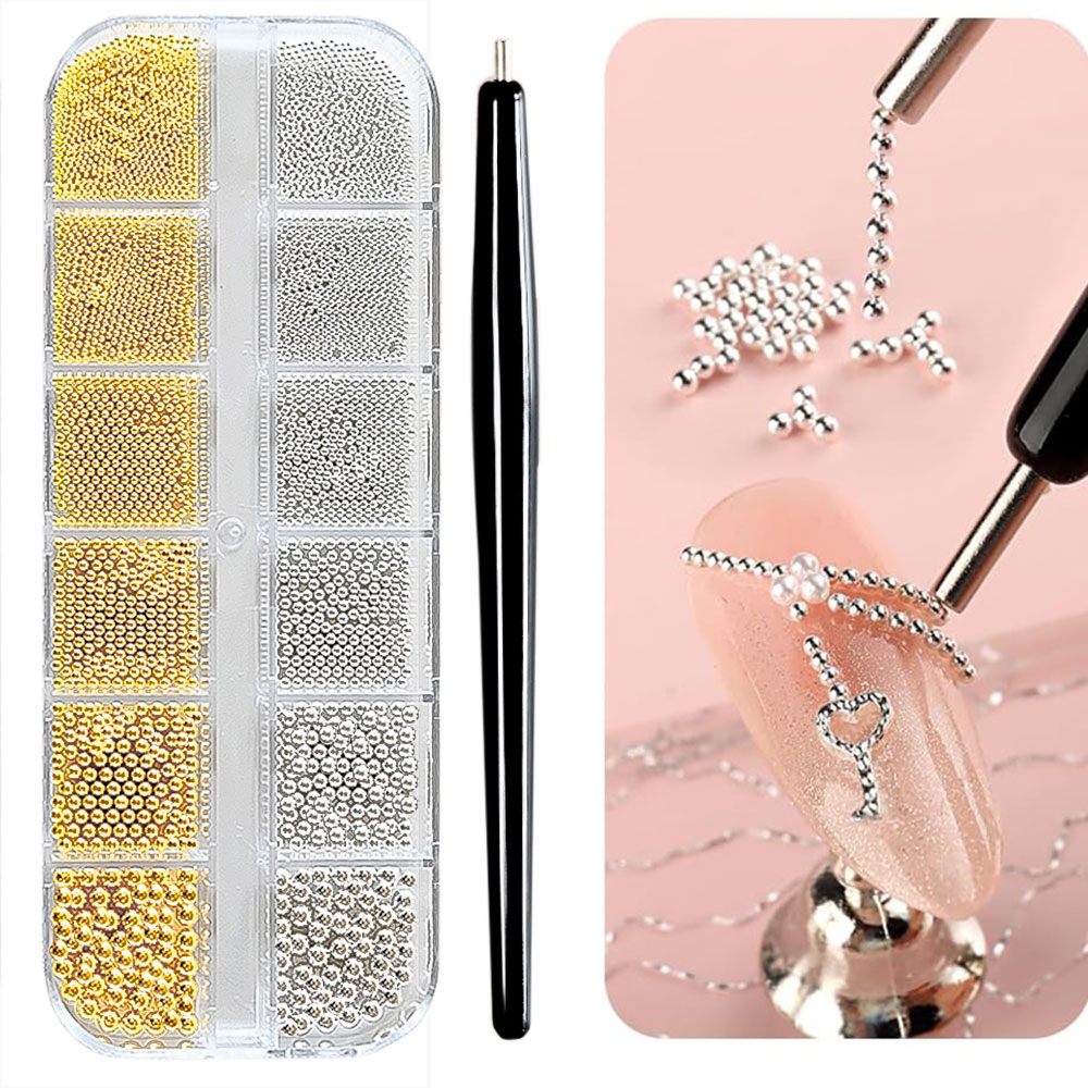 Nail Art Valentines Day - 12 شبكة الذهب/الفضة البسيطة الكافيار الخرز